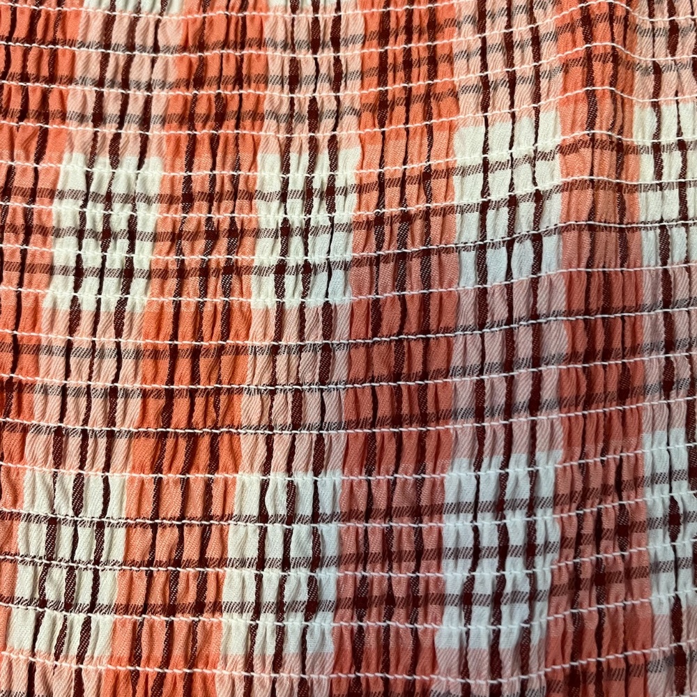 Check pink coral and white smocked puff sleeve square neck peasant dress NWT - Picture 6 of 12